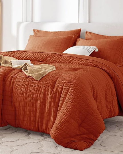 MUXHOMO 7 Pieces Queen Comforter Set, Seersucker Bed in a Bag Queen Size, All Season Luxury Bedding Set with Comforter, Flat Sheet, Fitted Sheet, Pillowcases & Shams, Burnt Orange