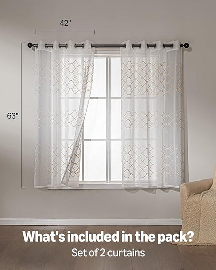 Amazon Basics 2-Piece Embroidery Sheer Curtain Set, Light Filtering Hollow Drapes for Living Room and Bedroom, 42" W × 63" L, White Scale