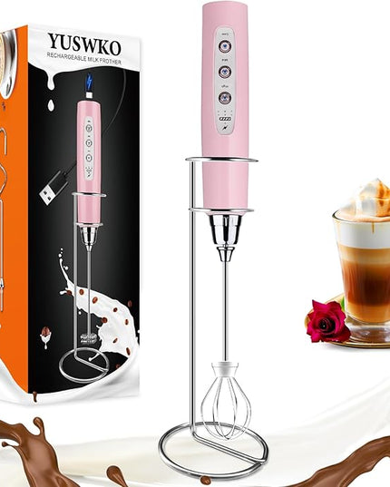 YUSWKO Pink Handheld Milk Frother Wand with Stand for Coffee, Rechargeable Electric Whisk with 3 Heads 3 Speeds Drink Mixer Coffee Frother For Latte, Cappuccino, Hot Chocolate, Egg