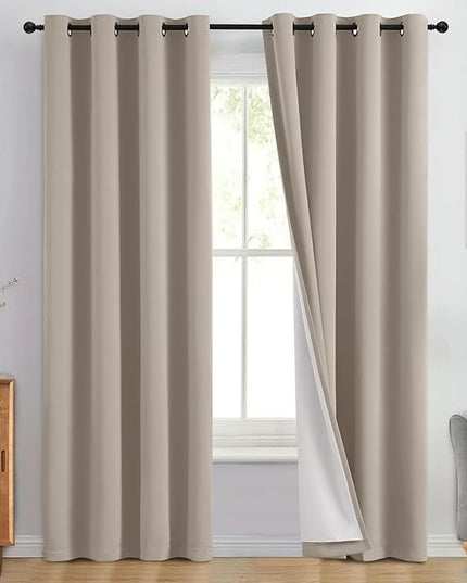 Yakamok 100% Blackout Curtain Panels 96 inches Cold and Light Blocking Drapes for Nursery, 2 Thick Layers Thermal Insulated Draperies (2 Pieces, 50 Wide Each Panel, Natural Front with White Backing)