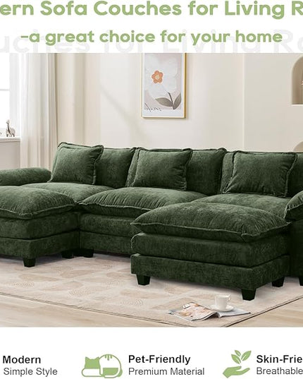 120" Modular Sectional Sofa, Comfy Cloud Couch Sectional Sofa with Ottoman, Chenille Sofa Sleeper Deep Seat Sofa with Throw Pillows for Living Room (Green, 120"- U Shape)