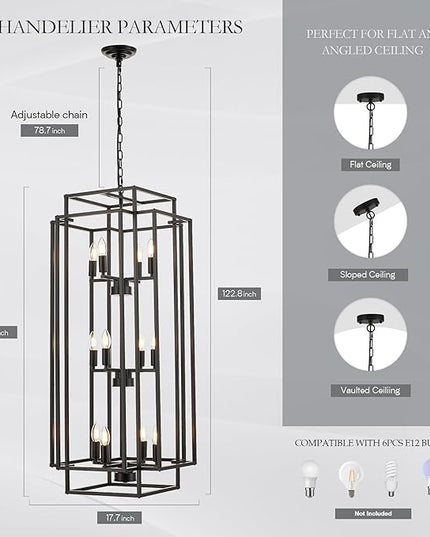 12-Light Lantern Tiered Pendant Light Fixtures, Black Metal Farmhouse Chandelier Hall Foyer Hanging Chandelier for Kitchen Island Dining Room Living Room Foyer Entryway, Black