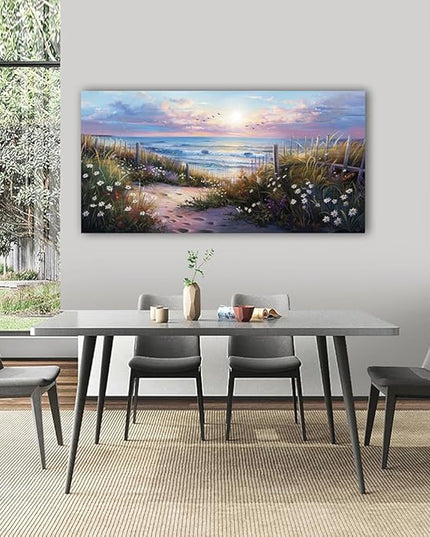 hyidecorart Large Wall Art For Living Room Canvas Wall Decor For Bedroom Blue Ocean Artwork Pictures Flower Beach Scenery Wall Painting Framed for Office Hotel Decor Modern Posters Home Decorations