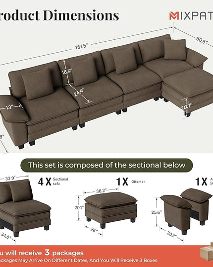 157-Inch L Shaped Sectional Sofa with Cloud Cushions, Deep Seat Modular Couch Set w/ 5 Seats & 1 Ottomans, Removable Arms, Plush Chenille Upholstery for Living Room, Apartment - Taupe