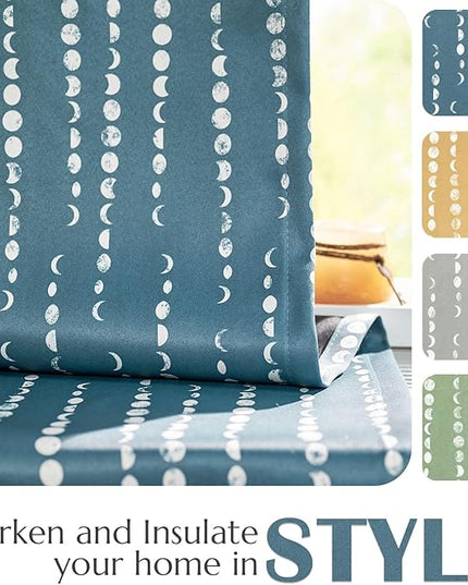 jinchan 95% Blackout Boho Curtains, Moon Phases Printed 96 Inches Long Blue Drapes for Bedroom Living Room Nursery Farmhouse, Rod Pocket Back Tab Thermal Insulated Window Treatment Set 2 Panels