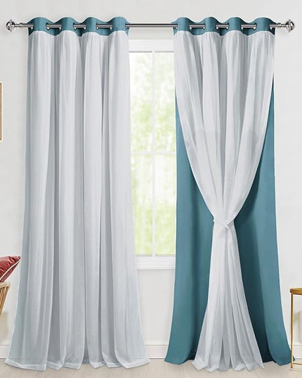 Hiasan Mix & Match Blackout Curtains with Sheer Overlay, Double Layer Thermal Insulated Privacy Grommet Window Curtains for Girls Bedroom,Living Room,2 Drape Panels with Tiebacks,Stone Blue,52W X 96L