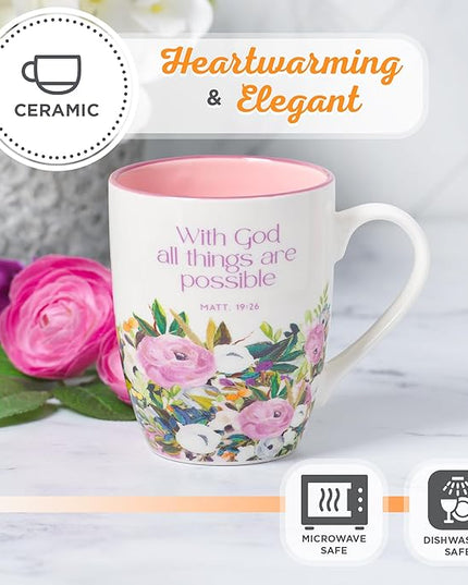 Christian Art Gifts Inspirational Ceramic Coffee & Tea Scripture Mug for Women: All Things are Possible Encouraging Bible Verse, Cute Microwave & Dishwasher Safe Drinkware, White & Pink Floral, 12 oz.