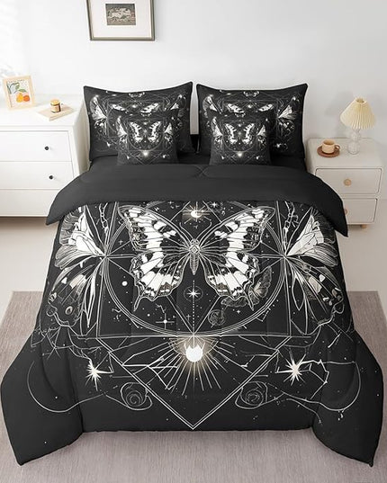 Feelyou Death Moth Kids Comforter Set 7 Pieces, Bohemian Bedding Queen with 1 Comforter,1 Fitted Sheet,1 Flat Sheet,2 Pillowcases,2 Throw Pillow Cover, Sun and Moon Galaxy Bed Set for Boys Girl
