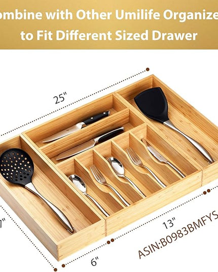 Umilife Bamboo Kitchen Utensils Organizer, Extra Long High Silverware Drawer Holder, Flatware Cutlery Storage Box, Multi-Use Drawer Divider in Office, Bathroom, Pantry - 17"x6"x2.5" (Set of 2)