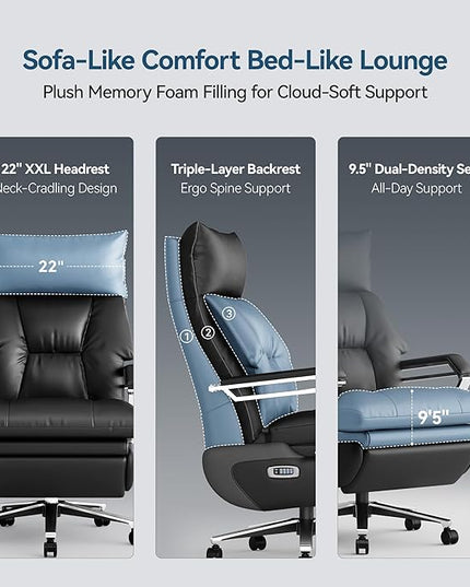 M80A Dual Motor Electric Executive Office Chair with Footrest, Comfortable Reclining Office Chair Wide Seat, Big and Tall Ergonomic Leather Home Office Desk Chair (Black,Multi-Functionality)