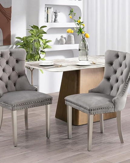SoarFlash Velvet Dining Chairs Set of 2, Tall Back Side Chair, Modern Upholstered High-end Tufted Side Chair with Button Back Ring, Silver Legs (Grey)