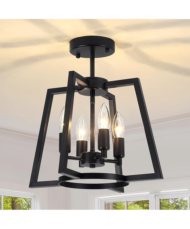 TOULMJ 14.56" Ceiling Light Fixture, 4-Light Farmhouse Black Semi-Flush Mount Ceiling Light for Kitchen Island Laundry Room Bedroom Dining Room Hallway Entryway