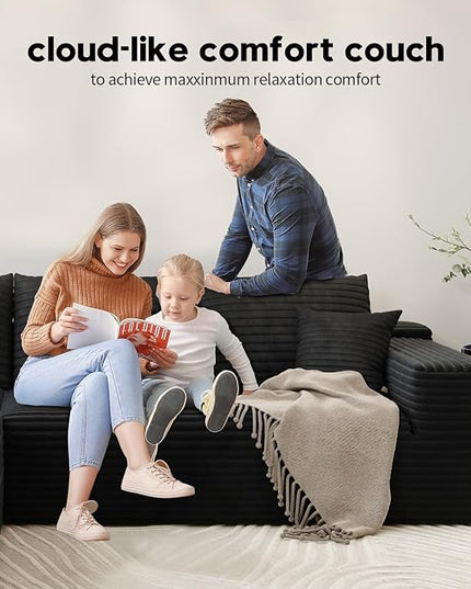 139.4" Modular Sectional Sofa, U-Shaped Minimalist Couches with 2 Middle Seats, Modern Deep Seat Convertible Sleeper Sofa Bed,Cloud Plush Corduroy Fabric, No Assembly Required, 6 Seater, Black