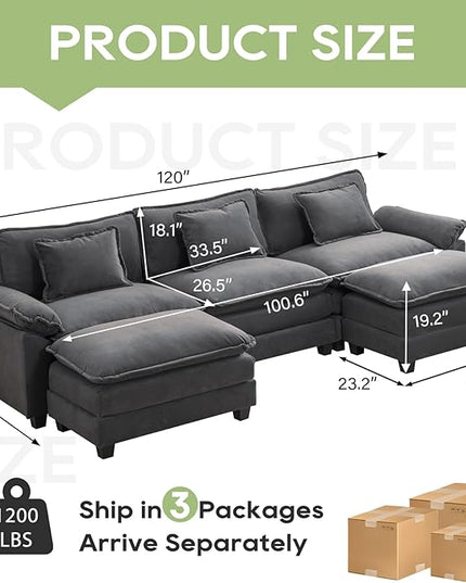 120" Modular Sectional Sofa, Comfy Cloud Couch Sectional Sofa with Ottoman, Chenille Sofa Sleeper Deep Seat Sofa with Throw Pillows for Living Room (Blue Gray, 120"- U Shape)