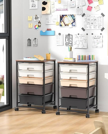 Utility Cart with 5 Drawers,Storage Drawer Cart with Wooden Tabletop and Lockable Wheels,Craft Storage Trolley Cart,5-Tier Rolling Utility Cart on Wheels,Dark Brown