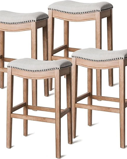 Maven Lane Adrien Backless Bar Stool – Set of 4 – 31 Inch Saddle Seat with Footrest – Brown Solid Wood Frame & Natural Fabric Upholstery – Ideal for Bars, Pub Tables & Tall Kitchen Counters