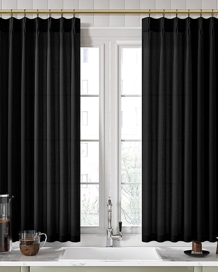 Black Linen Short Pinch Pleated 45 inch Curtains for Windows Over Sink, Light Filtering Vintage Curtain Semi Sheer Privacy for Kitchen Cafe Small Window Back Tab Drape Home Decor 2 Panels Set