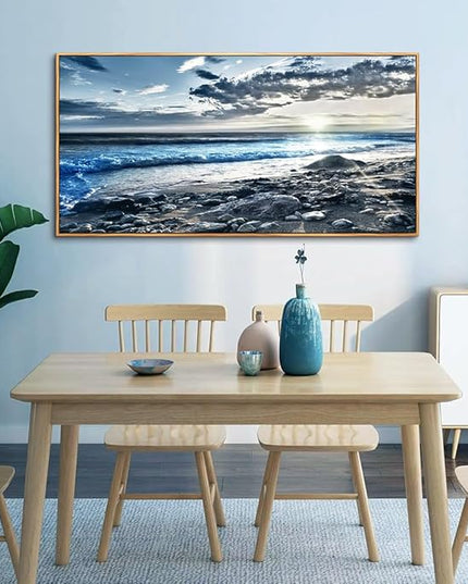 Wood Framed Wall Art For Living Room Large Size Wall Decor For Office Modern Bedroom Wall Decor Blue Beach Sun Ocean Landscape Wall Paintings Seascape Framed Pictures Artwork Home Decor 30" X 60"