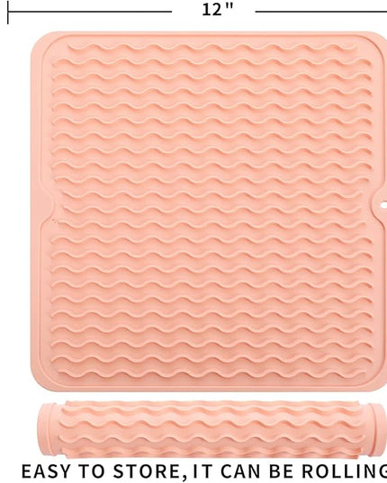 Silicone Dish Drying Mat for Multiple Usage,Easy clean,Eco-friendly,Heat-resistant Silicone Mat for Kitchen Counter or Sink,Refrigerator or Drawer liner Pink M 12 inches x 12 inches