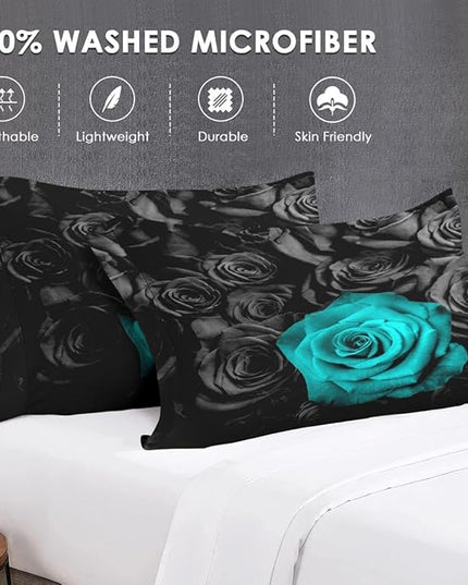 Twin Size Comforter Set with Pillowcase, Cyan Rose Flower 2 Pcs Bedding for Kids and Adults, Summer Vintage Floral Soft Comforter Set for Bedroom Bed Decor