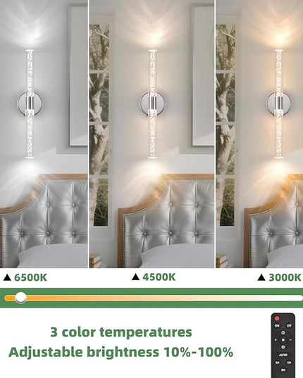 Silver Wall Light LED Battery Operated Wall Sconces(2 Pack), 20-Inch Dimmable Crystal Wall Sconce, Rechargeable Chrome Bubble Wall Lights, Wireless Wall Lamp for Bedroom, Living Room