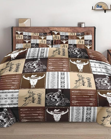 Queen Size Comforter Set with 2 Pillowcases, Cowboy Vintage Brown Desert 3 Pcs Bedding for Kids and Adults, Western Animal Cow Soft Comforter Set for Bedroom Bed Decor