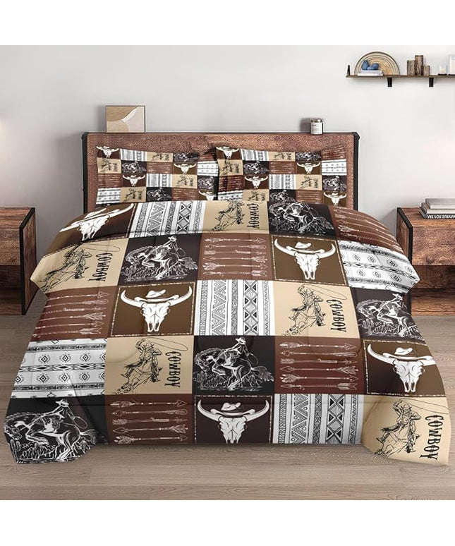 Twin Size Comforter Set with Pillowcase, Western Animal Cow Cowboy 2 Pcs Bedding for Kids and Adults, Vintage Brown Soft Comforter Set for Bedroom Bed Decor