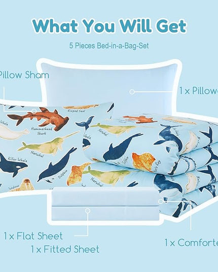 Twin Comforter Set for Boys-5 Pieces Ocean Animals Glow in The Dark Twin Bedding Sets for Kids, Ultra Soft Bed in A Bag with Sheets