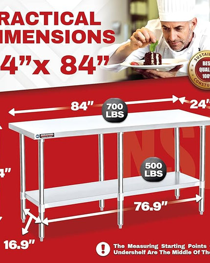 DuraSteel 24x84 Stainless Steel Work Table - NSF Commercial Prep Metal Table - Outdoor Pizza Oven Stand w/Under Shelf - Kitchen Island Laundry Utility Garage Microwave Stand Large Rolling Storage Cart