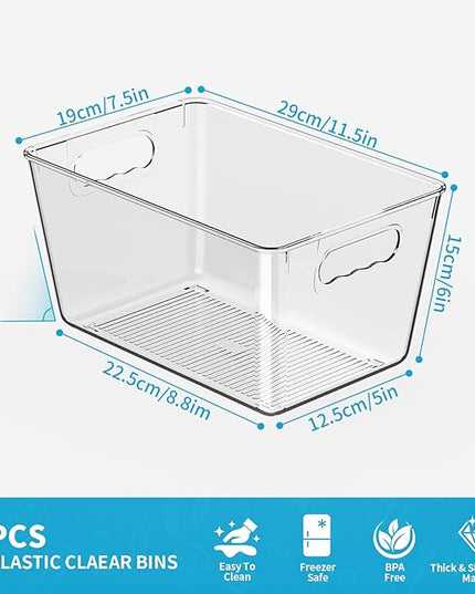 Clear Plastic Storage Bins, 4 Pack Pantry Organizers & Storage Containers, Cabinet Organizer, Home Organization Must Haves for Kitchen, Laundry Room, Office, Closet & Freezer