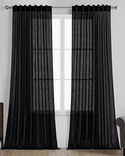 MIULEE Black Linen Curtains 90 Inch Length 2 Panels for Bedroom Living Room, Soft Thick Linen Textured Back Tab Window Drapes Semi Sheer Light Filtering Rod Pocket Modern Farmhouse Halloween Decor
