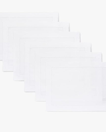Solino Home Linen Cloth Placemats Set of 6-100% Pure Linen Hemstitch White Placemats 14 x 19 Inch - Classic Hemstitch Table Place Mats for Winter, Christmas, Holiday, New Year