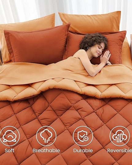 MUXHOMO 5 Pieces Twin XL Comforter Set, Reversible Bed in a Bag Twin XL Size, All Season Bedding Set with Comforter, Flat Sheet, Fitted Sheet, Pillowcases & Shams, Burnt Orange & Camel