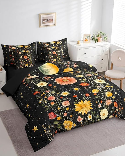 Feelyou Gothic Nature Comforter Set King Size 7 Pieces Comforters Bohemian Bedding Set Butterfly Moth Flower Bed Set Bed in a Bag with Comforter, Sheets, Pillowcases & Cushion Covers