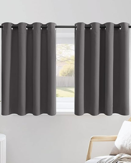 NICETOWN Grey Kitchen Curtains for Windows, Grommet Thermal Insulated Solid Blackout Window Treatments for Cafe, 2 Panels, W52 x L36