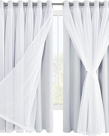 Hiasan Greyish White Blackout Curtains with Sheer Overlay, Grommet Thermal Insulated Mix & Match Double Layer Window Curtains for Girls Bedroom, Living Room, 2 Panels Sewn with Tiebacks, 70W X 63L