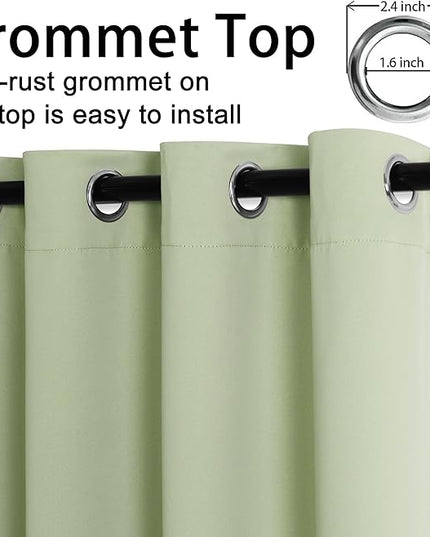 JIUZHEN Light Green Blackout Curtains with Tiebacks-Thermal Insulated, Light Blocking and Noise Reducing Grommet Curtain Drapes for Bedroom and Living Room, Set of 2 Curtain Panels, 52x63 Inch Length