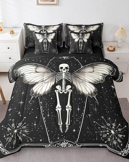 Feelyou Death Moth Kids Comforter Set 7pcs, Boho Moon Star Bed Set Full for Boys Girl, Gothic Skull Skeleton Bedding with 1 Comforter,1 Fitted Sheet,1 Flat Sheet,2 Pillowcases,2 Throw Pillow Cover