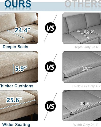 VINGLI 110" Large U-Shape Sectional Sofa Couch with 51" D Double Chaise for Living Room, Modern Sectional Couch Set with Soft 5.9" Thickness Seating Padding, Chenille Fabric,Metal Gold Legs(Khaki)