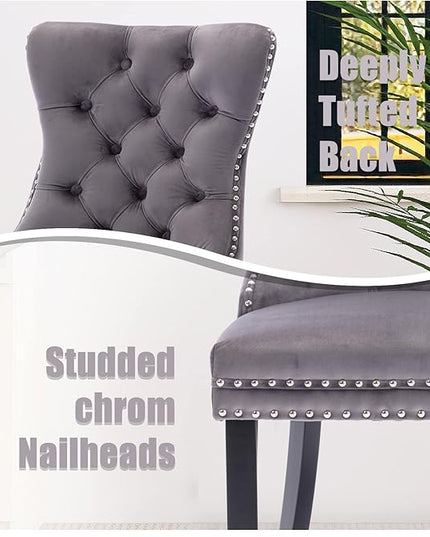 SoarFlash Velvet Dining Chairs Set of 6, Tall Back Side Chair, Modern Upholstered High-end Tufted Side Chair with Button Back Ring, Solid Wood Legs (Gray)