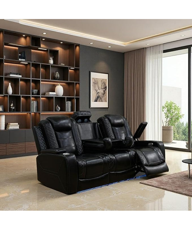 Leather Reclining Sofa Set, Power Recliner Sofa Sectional Couches with Drop-Down Table, Living Room Furniture, Reclining Sofa with Cup Holders/Storage Console for House(Black)