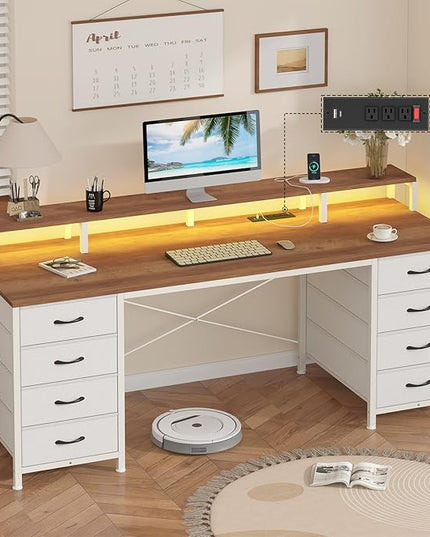 60 Inch Computer Desk with 8 Fabric Drawers, Gaming Desk with LED Lights & Power Outlets, Home Office Desk with Monitor Stand, Brown and White