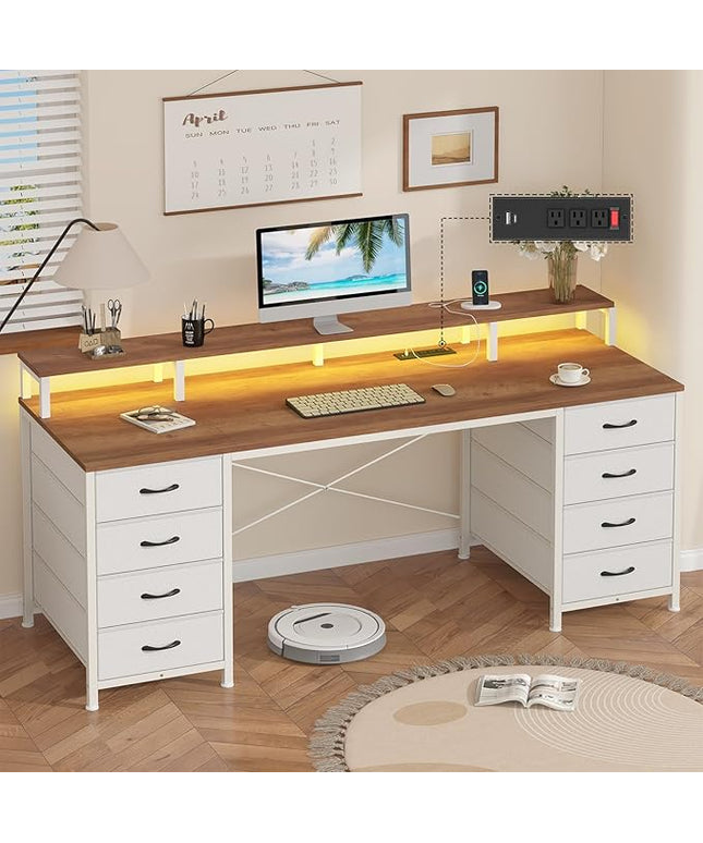 60 Inch Computer Desk with 8 Fabric Drawers, Gaming Desk with LED Lights & Power Outlets, Home Office Desk with Monitor Stand, Brown and White