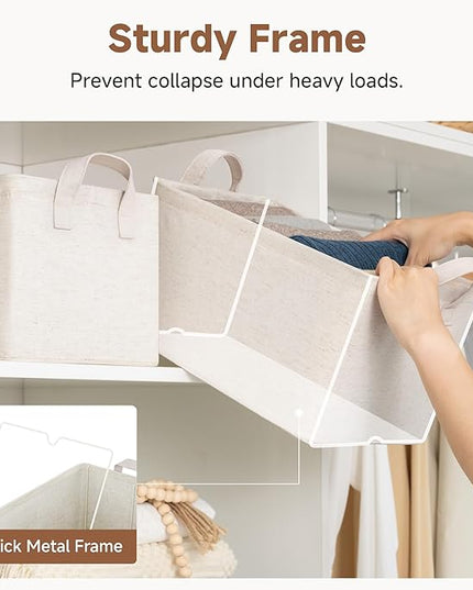 StorageWorks Storage Bins, Shelves Baskets for Organizing, Fabric Closet Organizers with Handles, Metal Frame, Beige（Cotton-linen）, 2-Pack
