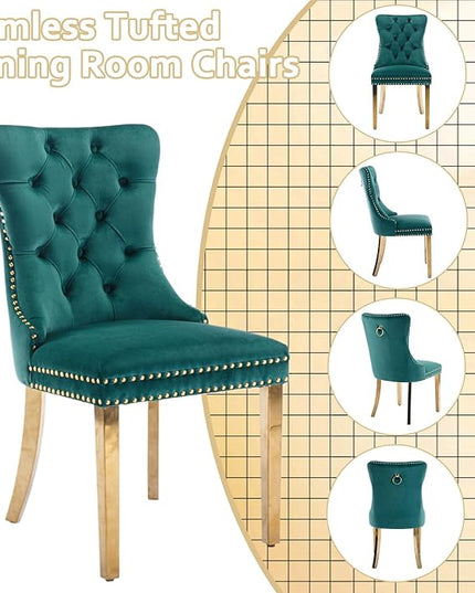 5-Piece Glass Dining Table Set w/4 Green Upholstered Dining Chairs, 70in Rectangular Large Kitchen Table Set for 4, Glass and Gold Dining Table and Chair Set for 4
