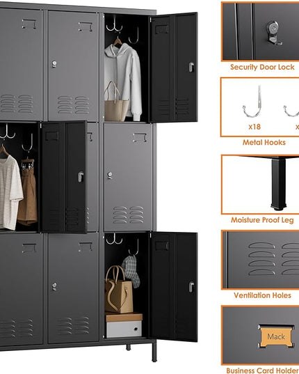 Aobabo New 9 Doors Metal Storage Locker for Employees, Lockable Steel Locker with Name Card Slot and 27 Hooks for School Office Gym Garage, Black, Assembly Required