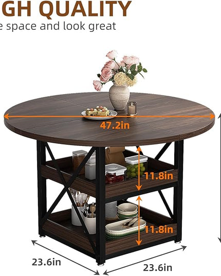Round Dining Table with Storage for 4, Modern Kitchen Table for Small Space, Space Saving Dining Table for Dining Room, Apartment, or Breakfast Nook (Walnut - Table Only)