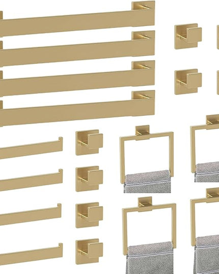 Bathroom Accessory Towel Bar Set: 20 Pieces Gold Bathroom Hardware Square SUS304 Stainless Steel - Wall Mounted Towel Rack&Toilet Paper Holder&Towel Ring and Towel Hook