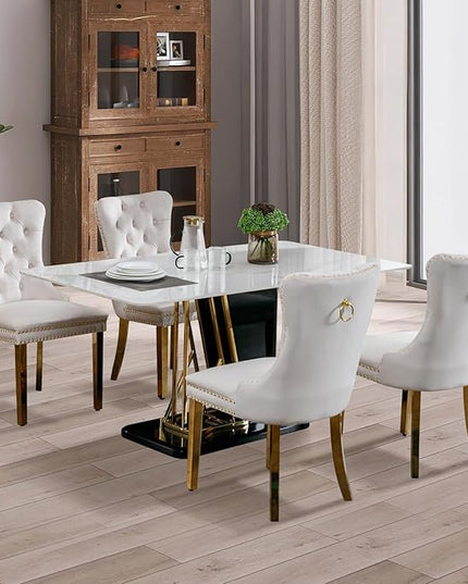 SoarFlash Velvet Dining Chair Set of 4, Upholstered Tufted Dining Room Chair with Nailhead Trim, Solid Gold Plated Leg for Kitchen (Beige)