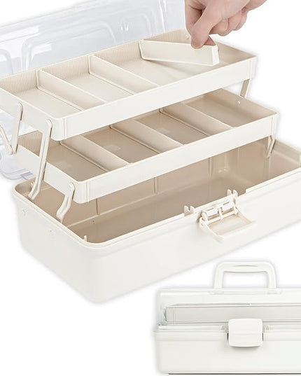 12.5in 3-Layer Multipurpose Craft Organizers and Storage with Adjustable Dividers, Portable Tackle Box, Folding Art & Craft Case for Medicine, Tool, Sewing Organizer (White)